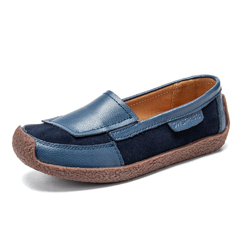 Dames Comfy Leather Splicing Soft Slip On Flat Loafers