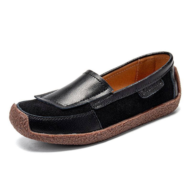 Dames Comfy Leather Splicing Soft Slip On Flat Loafers