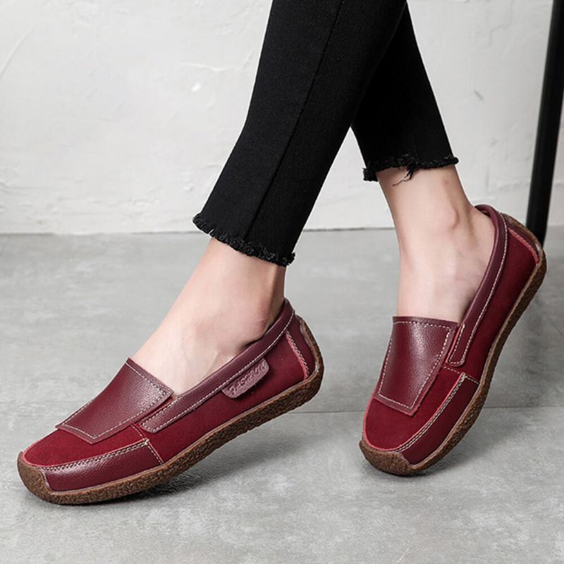 Dames Comfy Leather Splicing Soft Slip On Flat Loafers