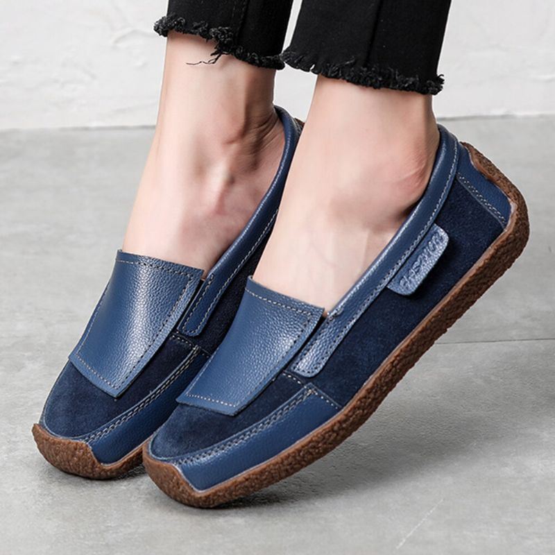 Dames Comfy Leather Splicing Soft Slip On Flat Loafers