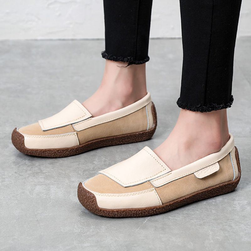 Dames Comfy Leather Splicing Soft Slip On Flat Loafers