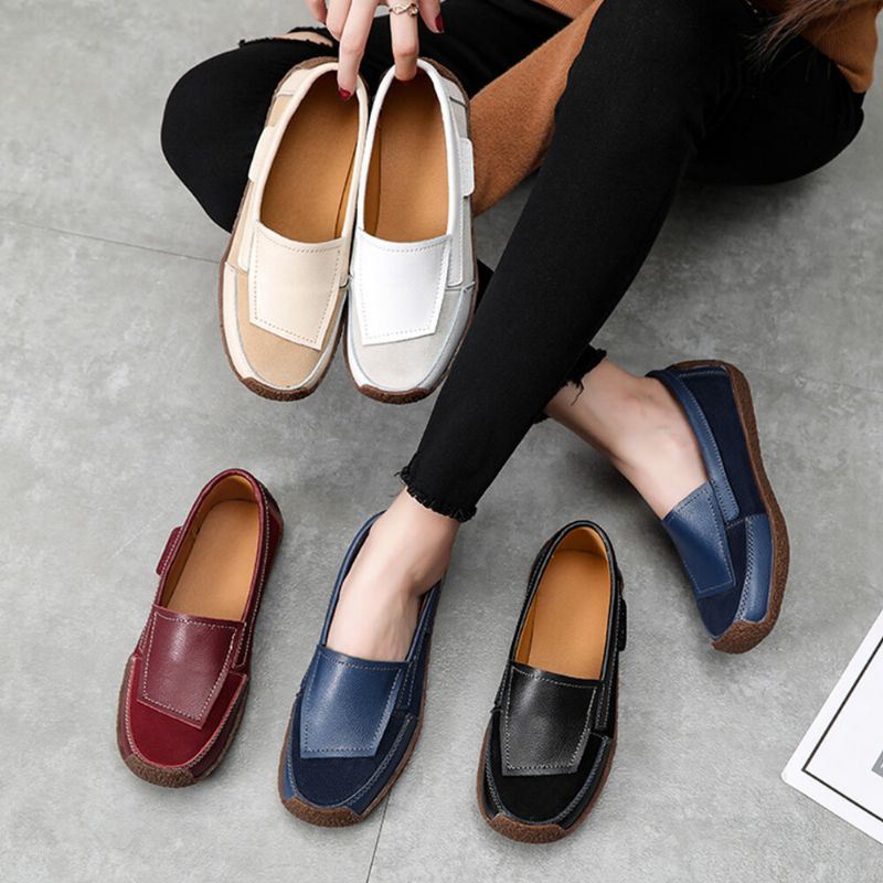 Dames Comfy Leather Splicing Soft Slip On Flat Loafers