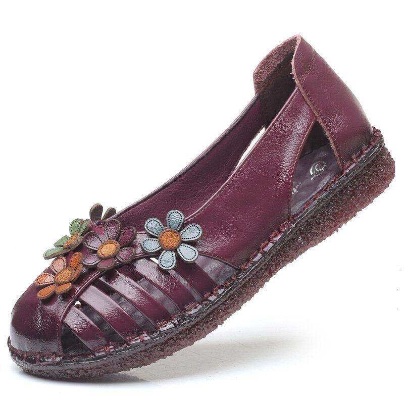 Dames Echt Leer Ademend Bloem Decoratie Retro Slip Op Zachte Flats