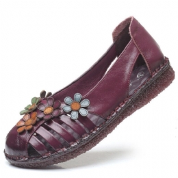 Dames Echt Leer Ademend Bloem Decoratie Retro Slip Op Zachte Flats