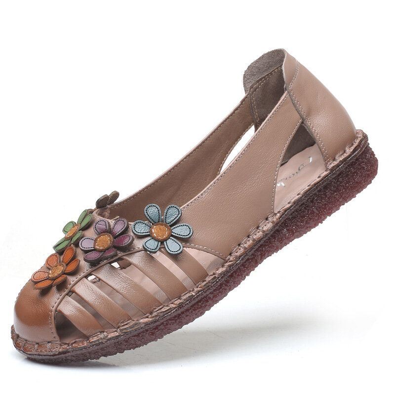 Dames Echt Leer Ademend Bloem Decoratie Retro Slip Op Zachte Flats