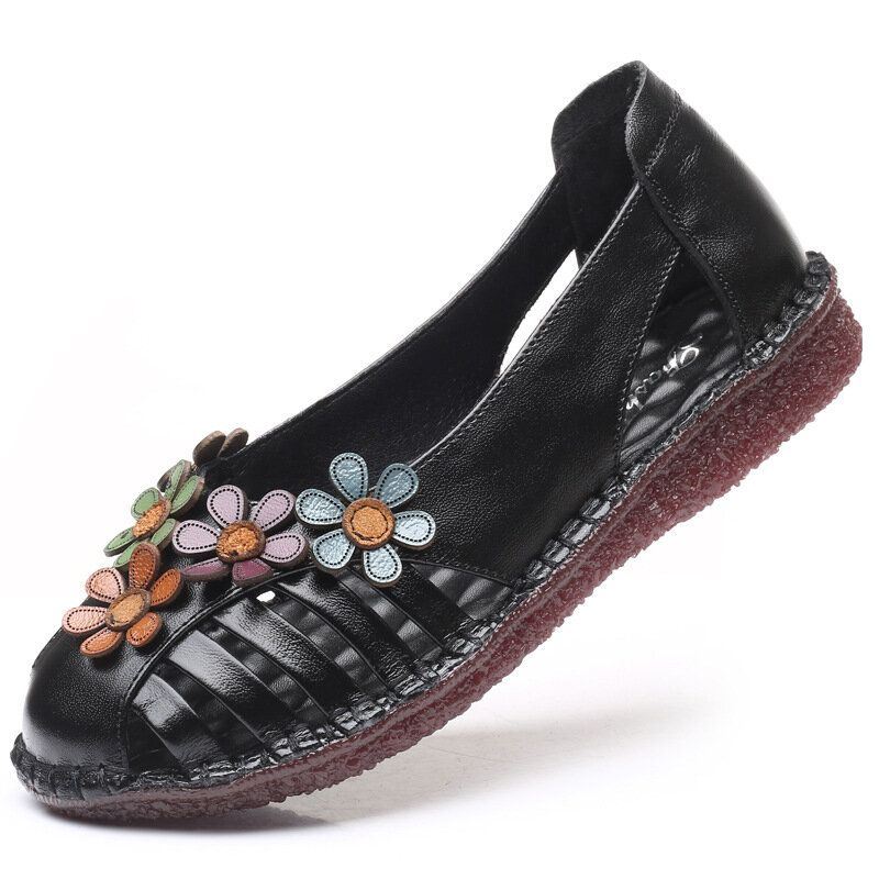 Dames Echt Leer Ademend Bloem Decoratie Retro Slip Op Zachte Flats