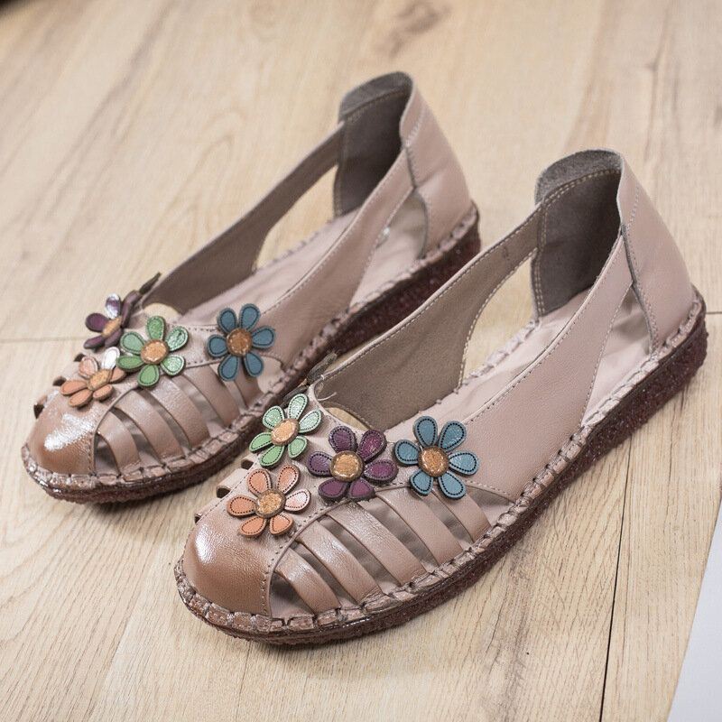 Dames Echt Leer Ademend Bloem Decoratie Retro Slip Op Zachte Flats