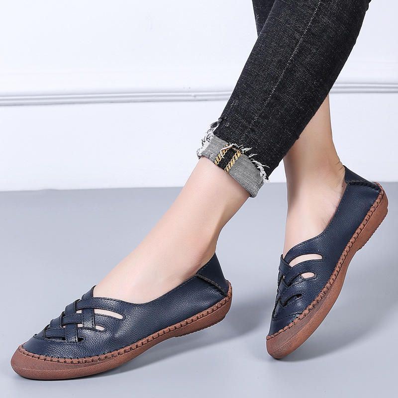 Dames Echt Leer Ademend Plus Size Hollow Spring Casual Flats Loafers