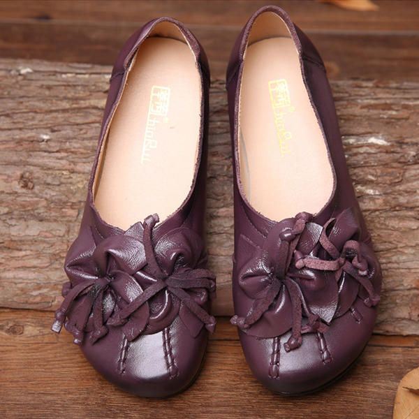 Dames Echt Leer Bloemen Kwastje Comfortabele Slip Op Casual Flats Schoenen