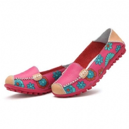 Dames Echt Leer Bloempatroon Zachte Zool Slip On Casual Flats