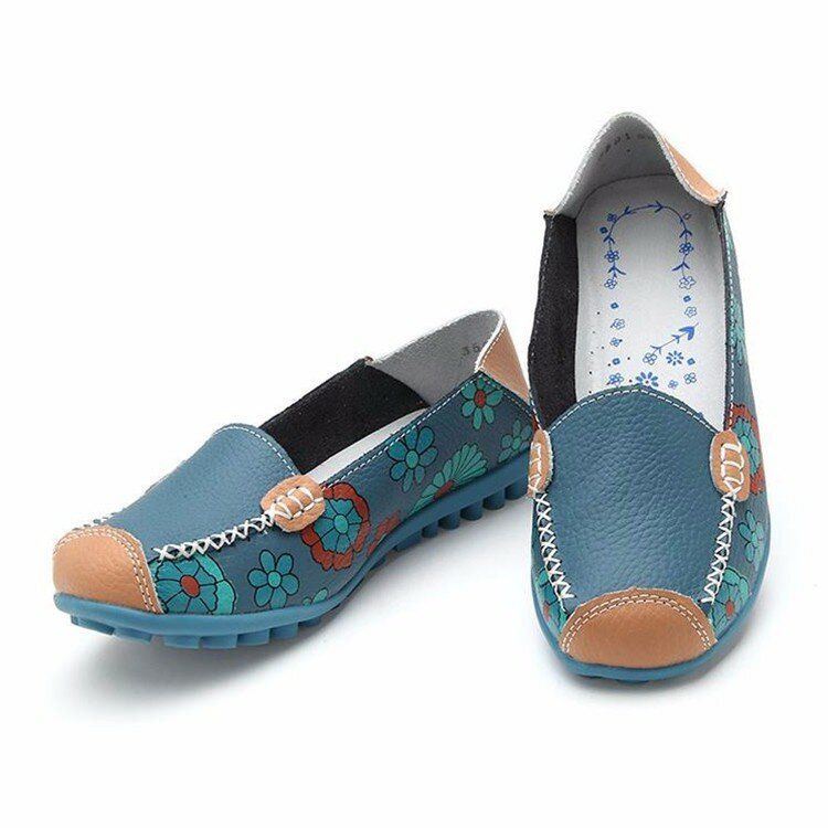 Dames Echt Leer Bloempatroon Zachte Zool Slip On Casual Flats