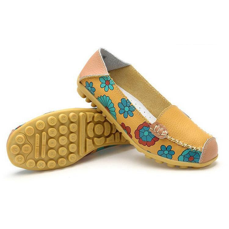 Dames Echt Leer Bloempatroon Zachte Zool Slip On Casual Flats