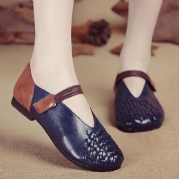 Dames Echt Leer Gebreide Casual Flats Met Klittenband