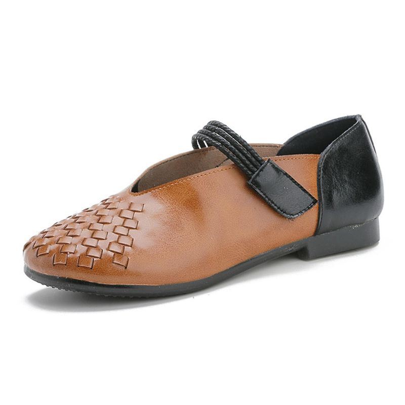 Dames Echt Leer Gebreide Casual Flats Met Klittenband