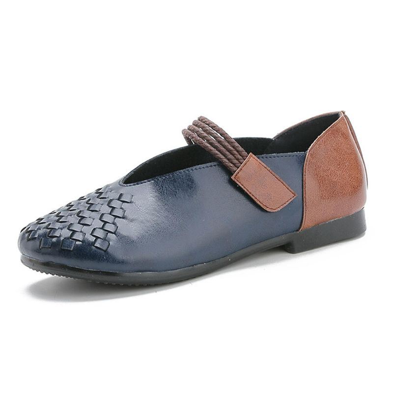 Dames Echt Leer Gebreide Casual Flats Met Klittenband