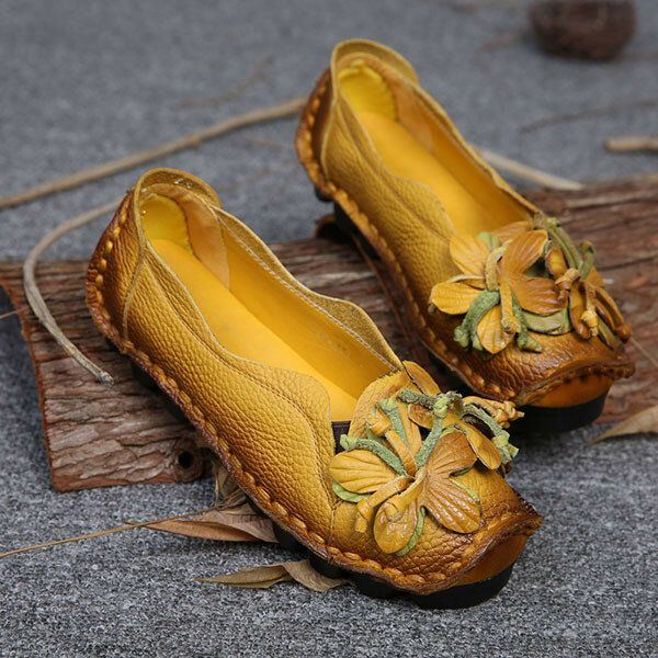 Dames Echt Leer Handgemaakte Decoratie Bloemen Vintage Slip Op Flats Loafers