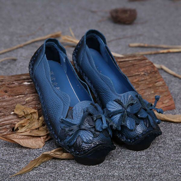 Dames Echt Leer Handgemaakte Decoratie Bloemen Vintage Slip Op Flats Loafers