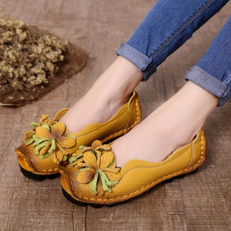 Dames Echt Leer Handgemaakte Decoratie Bloemen Vintage Slip Op Flats Loafers