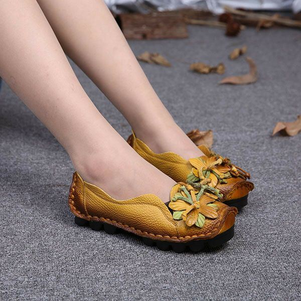 Dames Echt Leer Handgemaakte Decoratie Bloemen Vintage Slip Op Flats Loafers