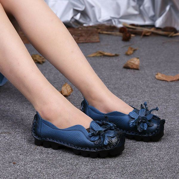 Dames Echt Leer Handgemaakte Decoratie Bloemen Vintage Slip Op Flats Loafers