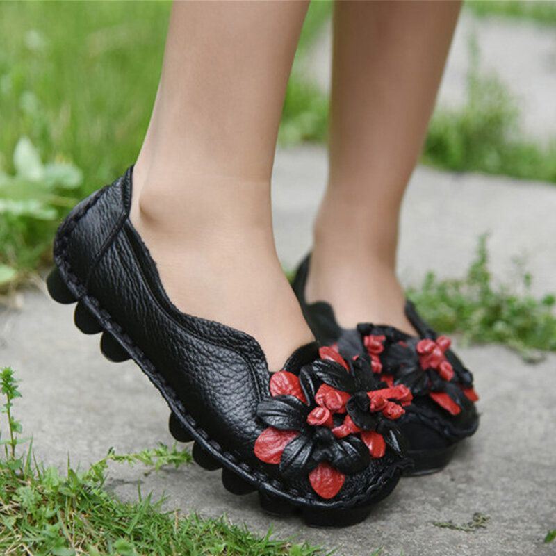 Dames Echt Leer Handgemaakte Decoratie Bloemen Vintage Slip Op Flats Loafers