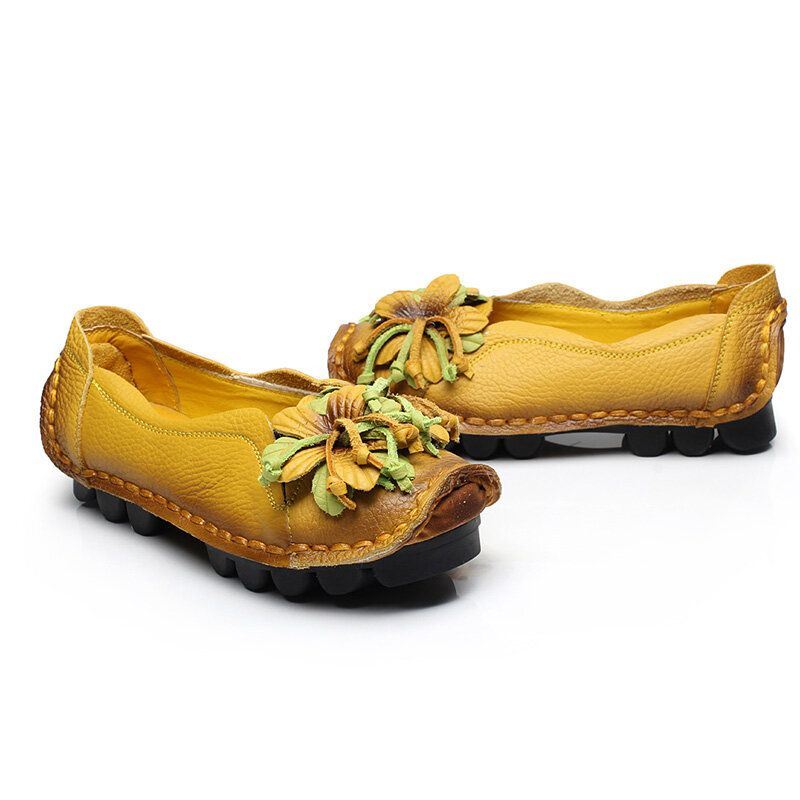 Dames Echt Leer Handgemaakte Decoratie Bloemen Vintage Slip Op Flats Loafers