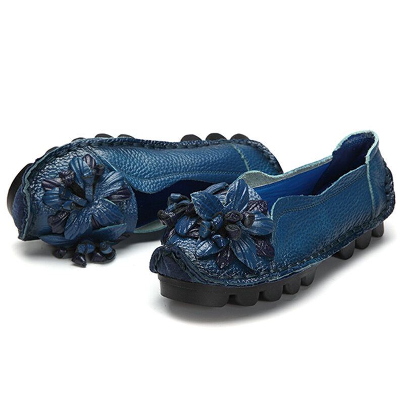 Dames Echt Leer Handgemaakte Decoratie Bloemen Vintage Slip Op Flats Loafers