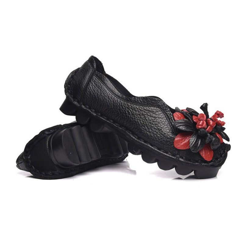 Dames Echt Leer Handgemaakte Decoratie Bloemen Vintage Slip Op Flats Loafers