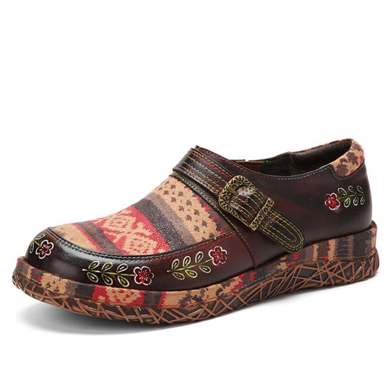 Dames Echt Leer Handgemaakte Patchwork Comfortabele Retro Etnische Patroon Platte Schoenen