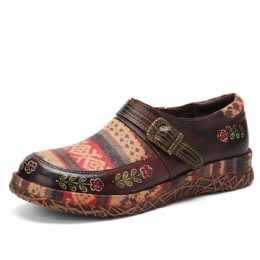 Dames Echt Leer Handgemaakte Patchwork Comfortabele Retro Etnische Patroon Platte Schoenen