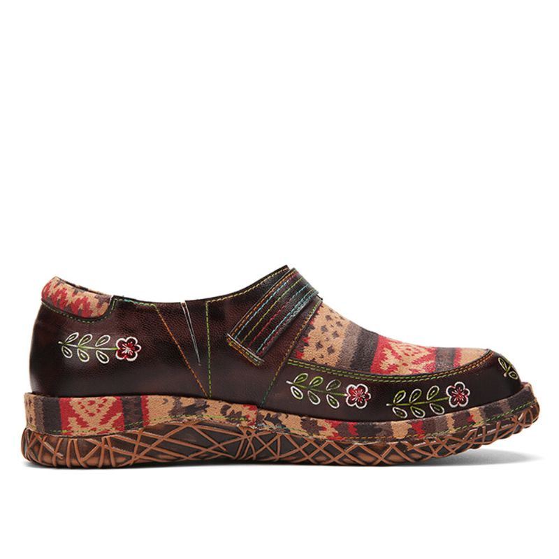 Dames Echt Leer Handgemaakte Patchwork Comfortabele Retro Etnische Patroon Platte Schoenen