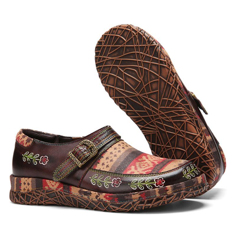 Dames Echt Leer Handgemaakte Patchwork Comfortabele Retro Etnische Patroon Platte Schoenen