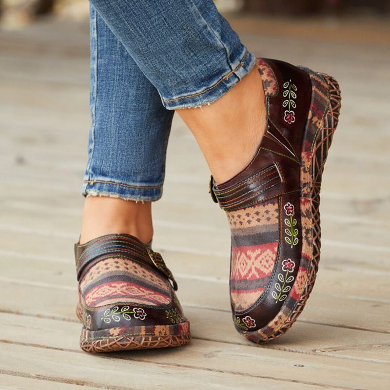 Dames Echt Leer Handgemaakte Patchwork Comfortabele Retro Etnische Patroon Platte Schoenen