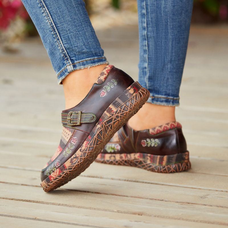 Dames Echt Leer Handgemaakte Patchwork Comfortabele Retro Etnische Patroon Platte Schoenen