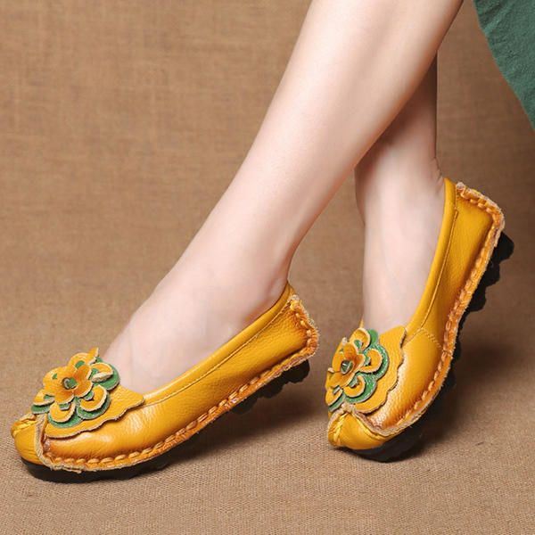 Dames Echt Leer Handgemaakte Zachte Zool Casual Slip Op Flats Loafers