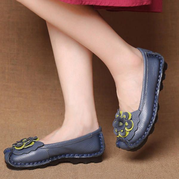 Dames Echt Leer Handgemaakte Zachte Zool Casual Slip Op Flats Loafers