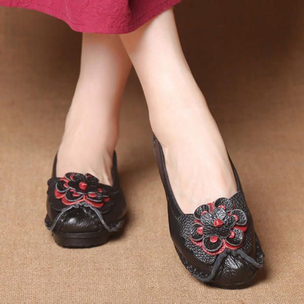 Dames Echt Leer Handgemaakte Zachte Zool Casual Slip Op Flats Loafers