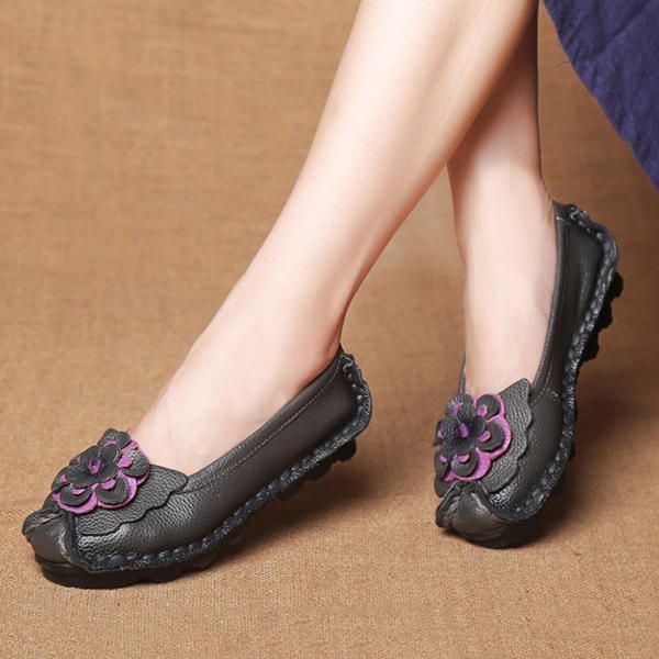 Dames Echt Leer Handgemaakte Zachte Zool Casual Slip Op Flats Loafers