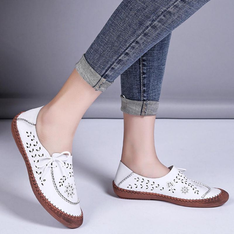 Dames Echt Leer Plus Maat Ademend Uitgehold Zachte Zool Casual Flats Loafers