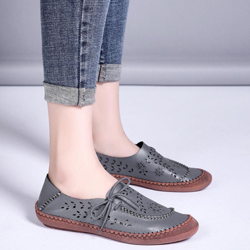 Dames Echt Leer Plus Maat Ademend Uitgehold Zachte Zool Casual Flats Loafers