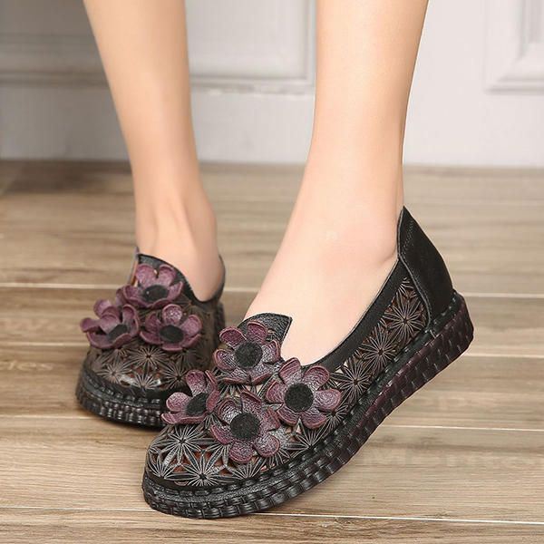 Dames Echt Leer Retro Handgemaakte Schoen Hollow Out Flower Flats