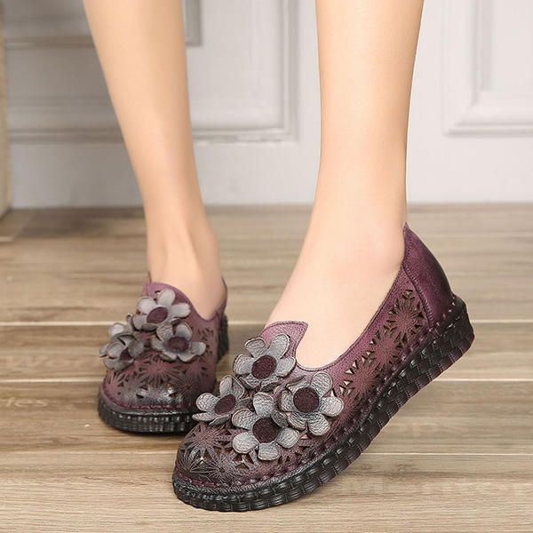 Dames Echt Leer Retro Handgemaakte Schoen Hollow Out Flower Flats