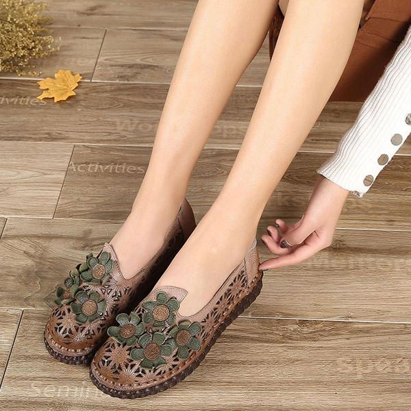 Dames Echt Leer Retro Handgemaakte Schoen Hollow Out Flower Flats