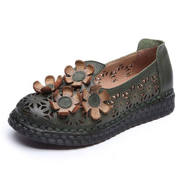 Dames Echt Leer Retro Handgemaakte Schoen Hollow Out Flower Flats