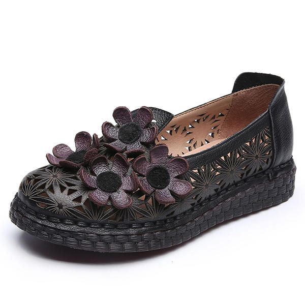 Dames Echt Leer Retro Handgemaakte Schoen Hollow Out Flower Flats