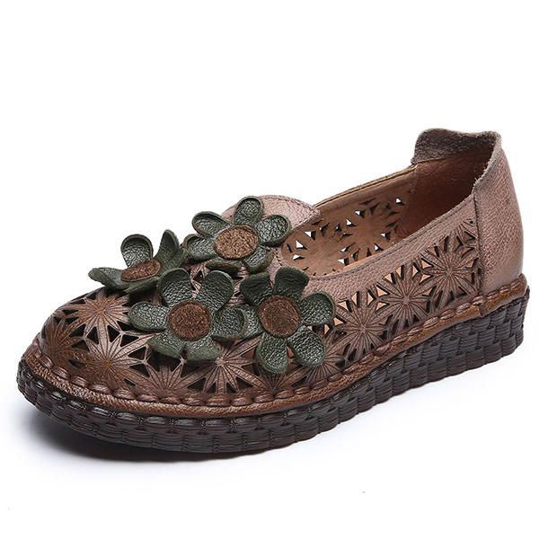 Dames Echt Leer Retro Handgemaakte Schoen Hollow Out Flower Flats