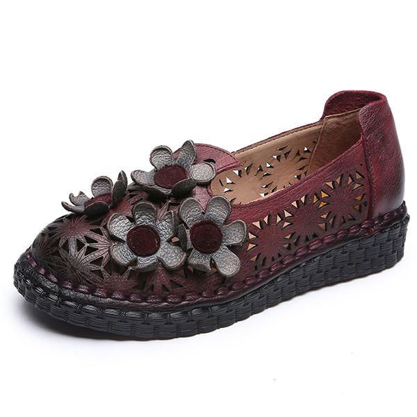 Dames Echt Leer Retro Handgemaakte Schoen Hollow Out Flower Flats