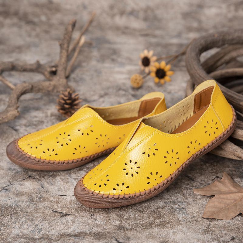 Dames Echt Leer Slip Op Elastische Band Ademend Hollow Out Lente Causale Flats Loafers