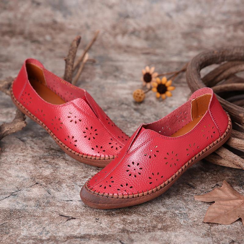 Dames Echt Leer Slip Op Elastische Band Ademend Hollow Out Lente Causale Flats Loafers