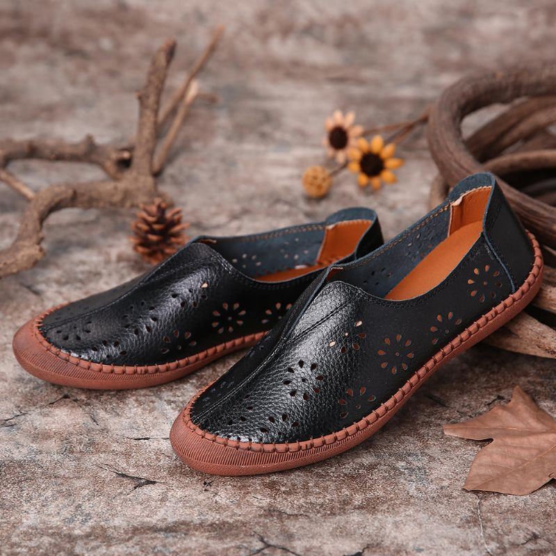 Dames Echt Leer Slip Op Elastische Band Ademend Hollow Out Lente Causale Flats Loafers